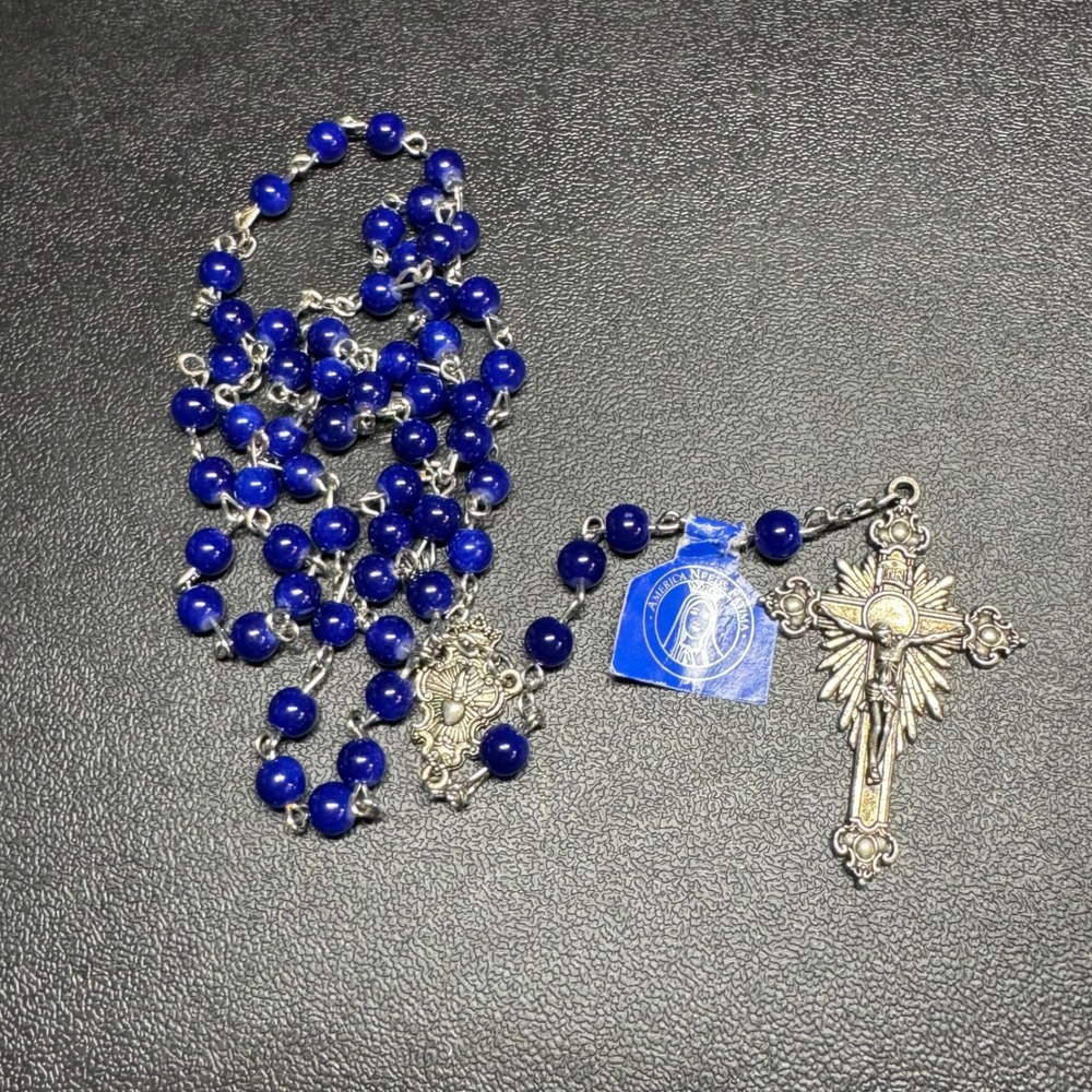 America Needs Fatima Rosary Blue Beads Italy 100th Anniversary 1917-2017 Silver